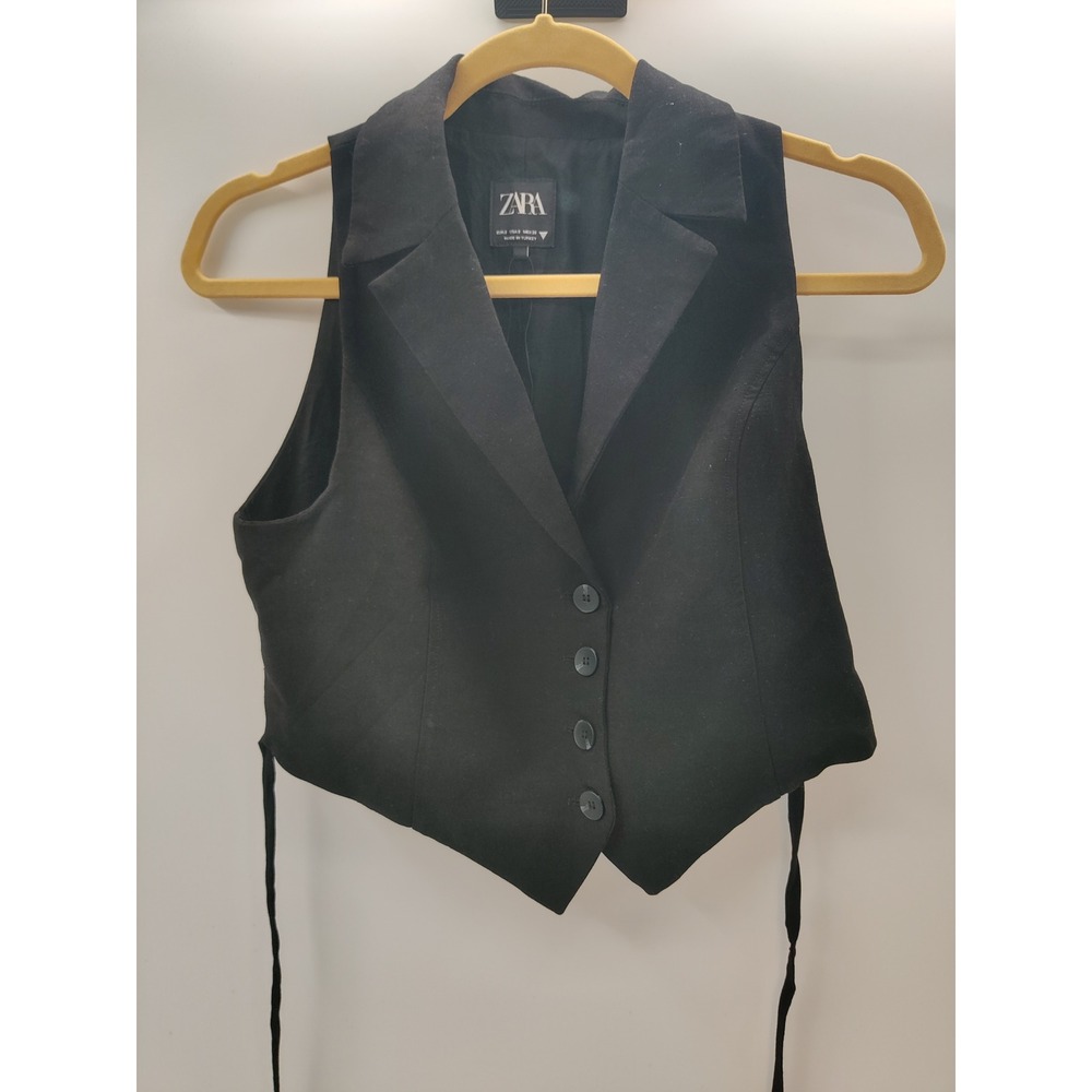 Zara Women's Black Tailored Waistcoat Vest Notched Lapel Side Ties Size Small